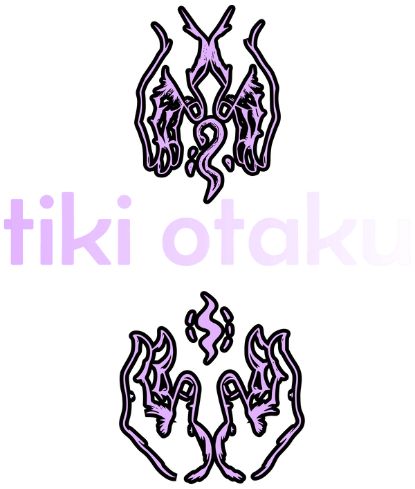 Purple outlined hands around stylized steam above and below the words tiki otaku on a transparent background